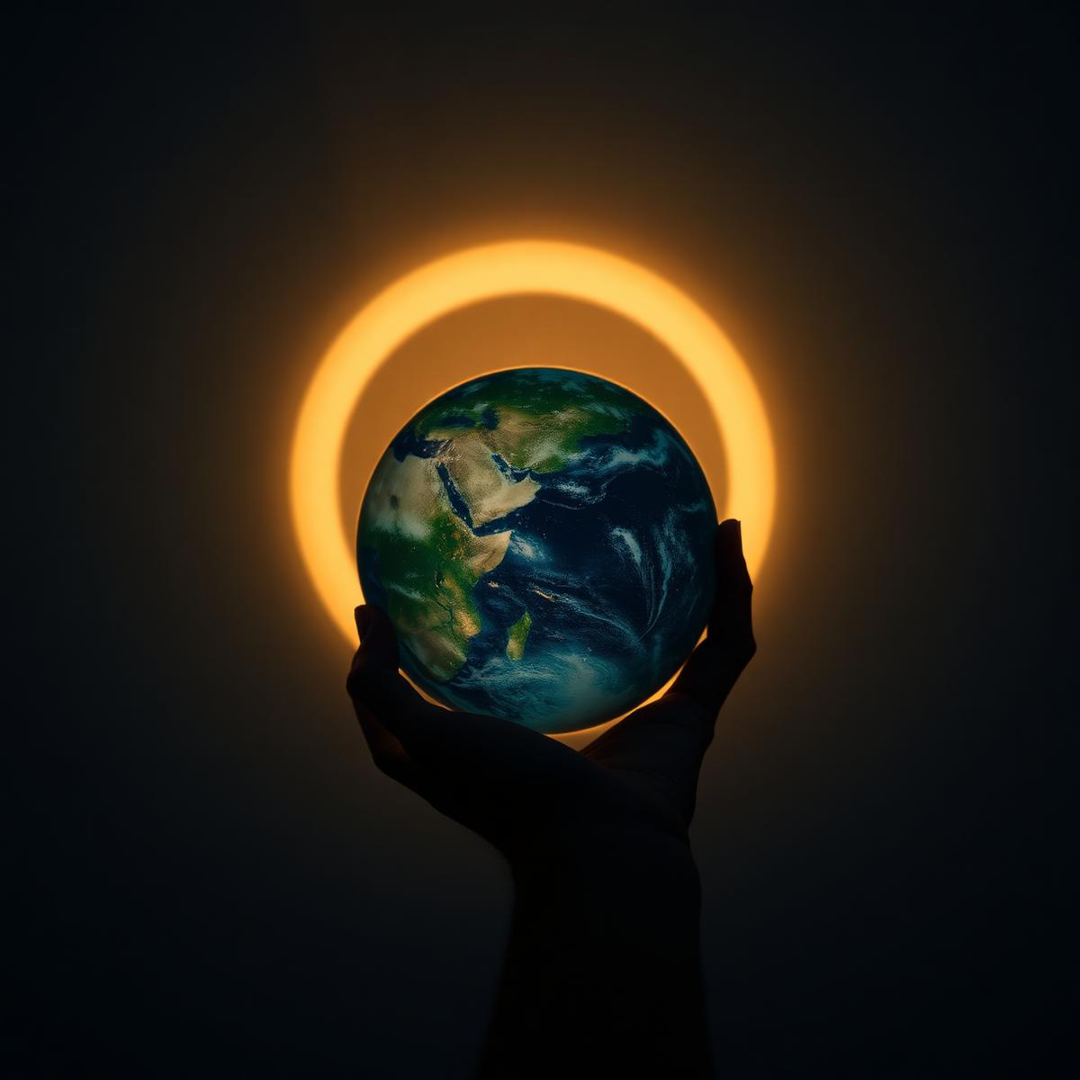 A hand holding a glowing earth