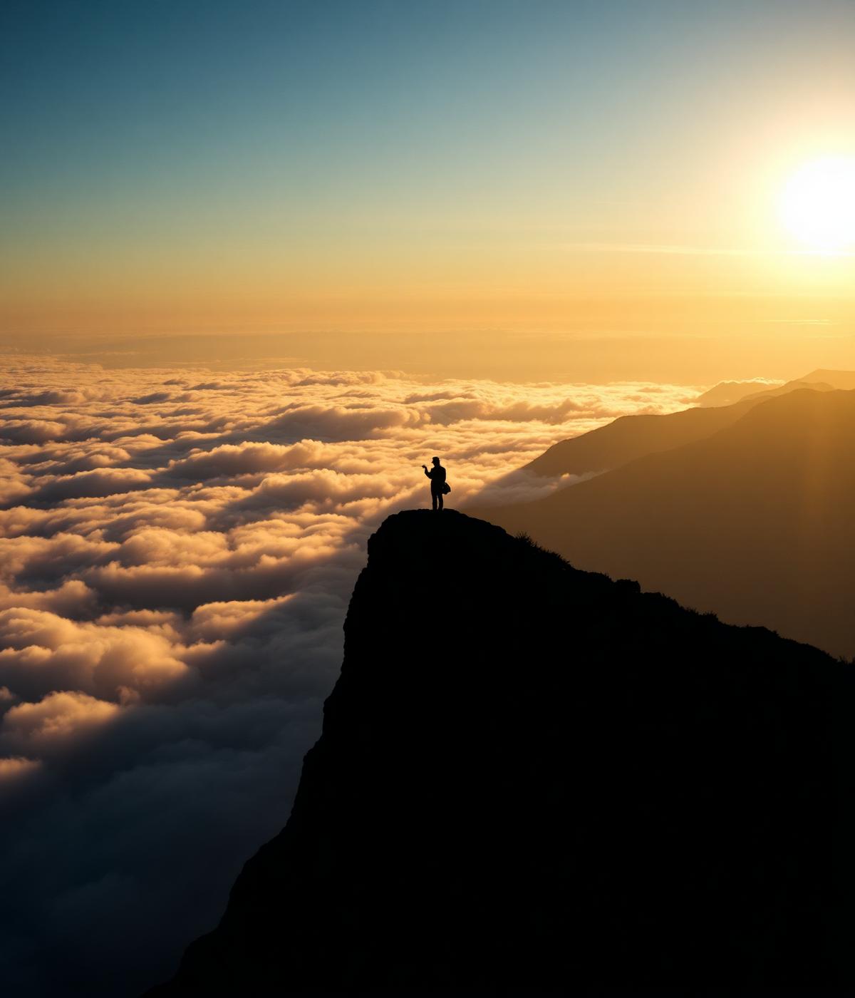 A person watching sunrise above the clouds